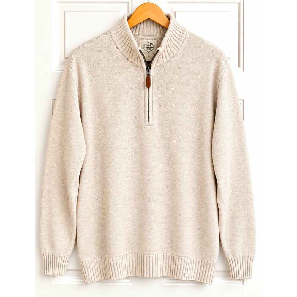 St. John's Bay Men's L Beige Cotton Knit 1/4 Zip Mock Neck Pullover Sweater